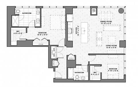 Floor plan for 2 beds, 2 baths, 1405 sqft